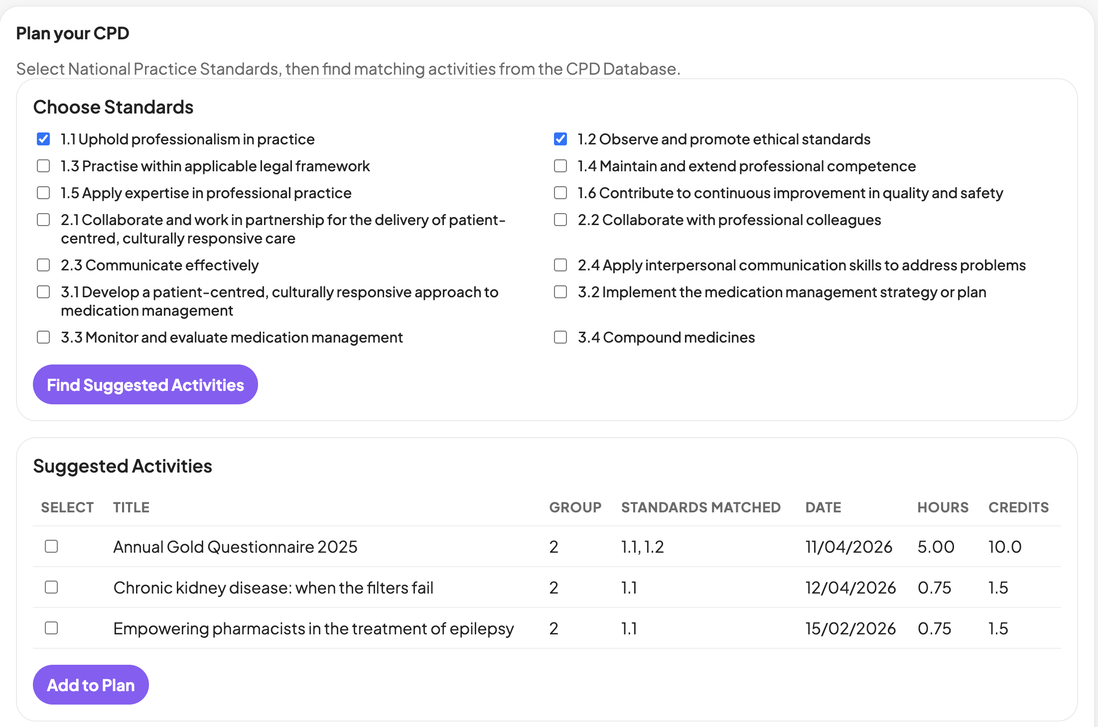 AusPharm CPD plan screenshot