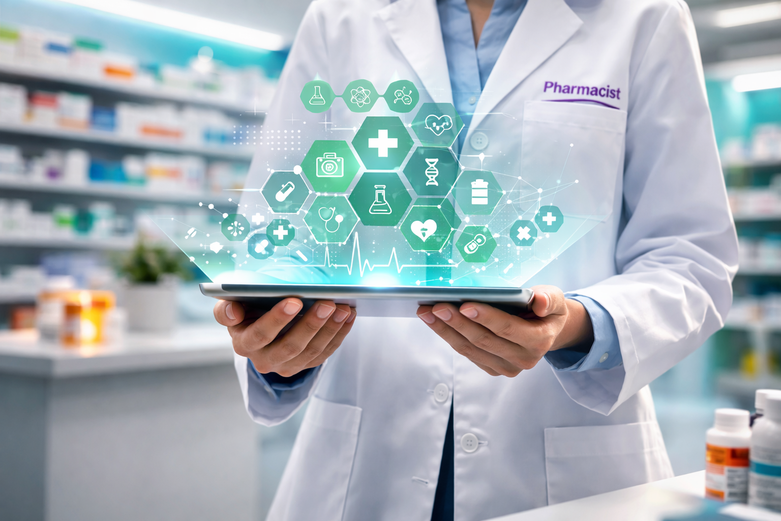 Portrait of a confident female pharmacist in a white coat